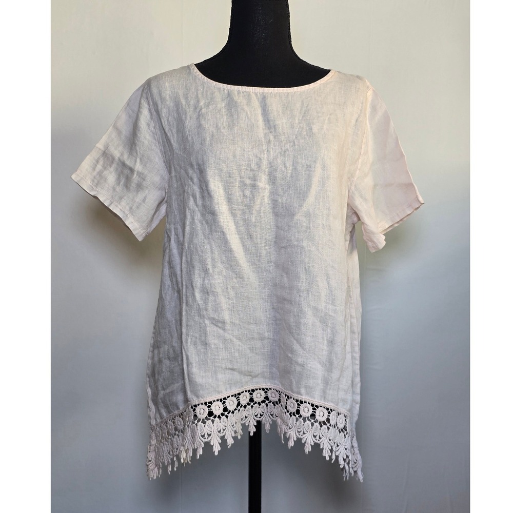 Terzo Millennio Women's Linen Top Size M Ivory Lace Hem Short Sleeve euro summer